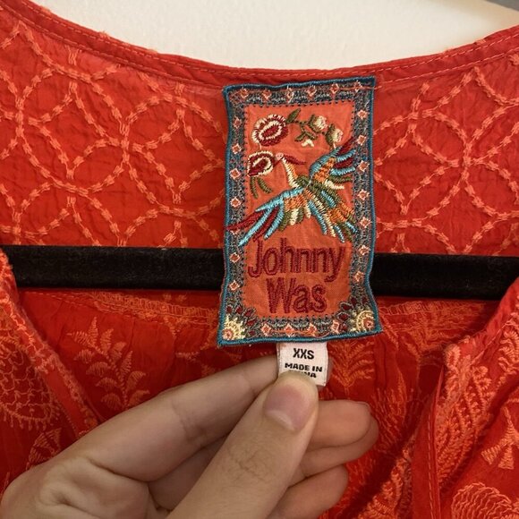 Johnny Was Women's Jolie Selena Tie Neck Tunic Top Size XXS Red Embroidered - Picture 2 of 7
